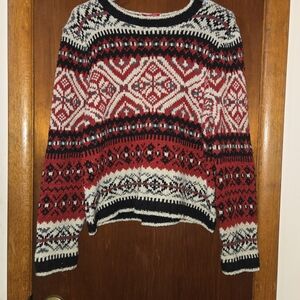 Basic Editions Red, Cream & Black Fair Isle Crewneck Sweater